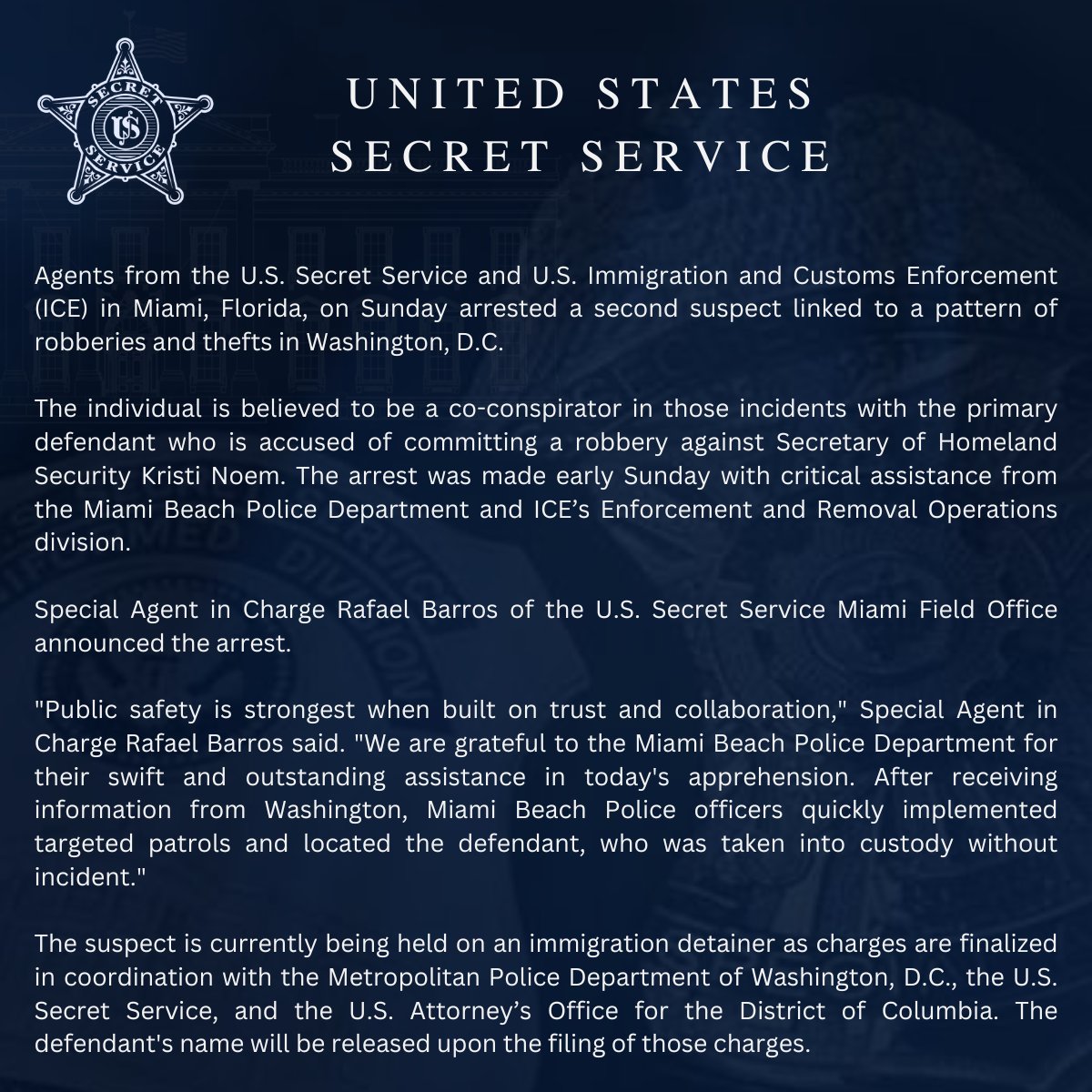 Anthony Guglielmi (@secretsvcspox) on Twitter photo JUST IN: A second suspect tied to a pattern of thefts & robberies in DC has been apprehended by <a href="/SecretService/">U.S. Secret Service</a> & <a href="/ICEgov/">U.S. Immigration and Customs Enforcement</a>, with outstanding assistance from <a href="/MiamiBeachPD/">Miami Beach Police</a>. Details on both cases here secretservice.gov/newsroom/relea… JUST IN: A second suspect tied to a pattern of thefts & robberies in DC has been apprehended by <a href="/SecretService/">U.S. Secret Service</a> & <a href="/ICEgov/">U.S. Immigration and Customs Enforcement</a>, with outstanding assistance from <a href="/MiamiBeachPD/">Miami Beach Police</a>. Details on both cases here secretservice.gov/newsroom/relea…