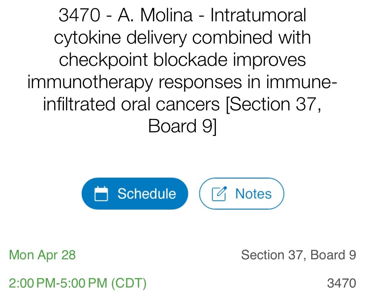Congratulations to <a href="/andreasteminist/">Andrea Hernandez Molina</a> for winning an AACR Minority Scholar in Cancer Research (MICR) Travel Award to present her work in intratumoral cytokine therapy for head and neck cancer at the <a href="/AACR/">AACR</a> Annual Meeting. Check out her poster on 4/28/25! #AACR25