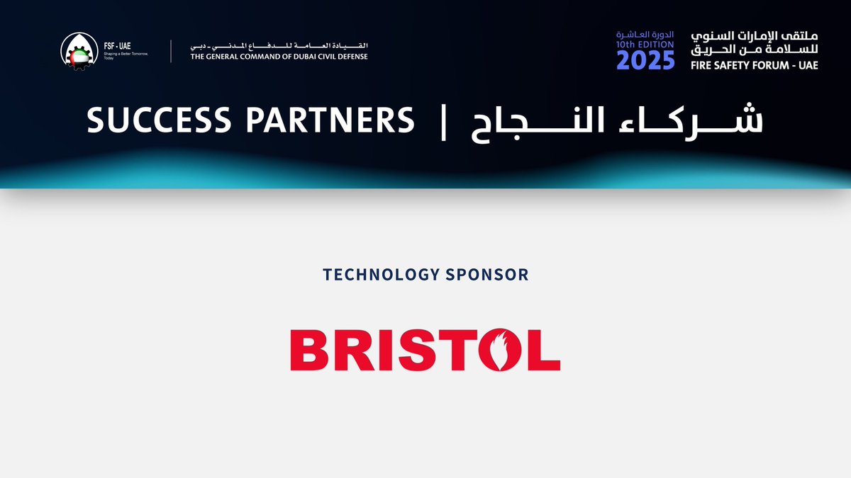 FSFUAE2025's tweet photo. Thank you to our Technology Sponsor, Bristol, for their vital contribution to the UAE Fire and Safety Forum. Their innovation and expertise are driving the future of fire safety.

#FSF2025 #TechnologySponsor #Bristol #Sesamconnect #TheGeneralCommandofDubaiCivilDefense https://t.co/n33byNPtFG