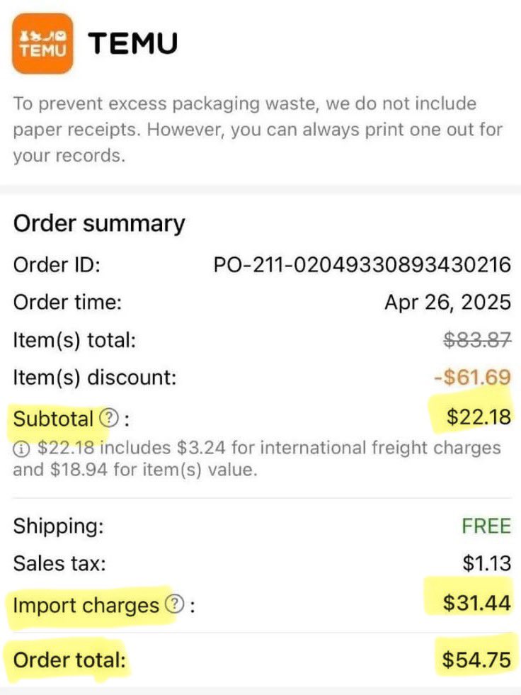 $31 tariff on a $22 dress for a total of $54. 

Get ready to see anger like you have never seen before. 

Americans are addicted to cheap goods and this shock therapy isn’t going to go over well with them.