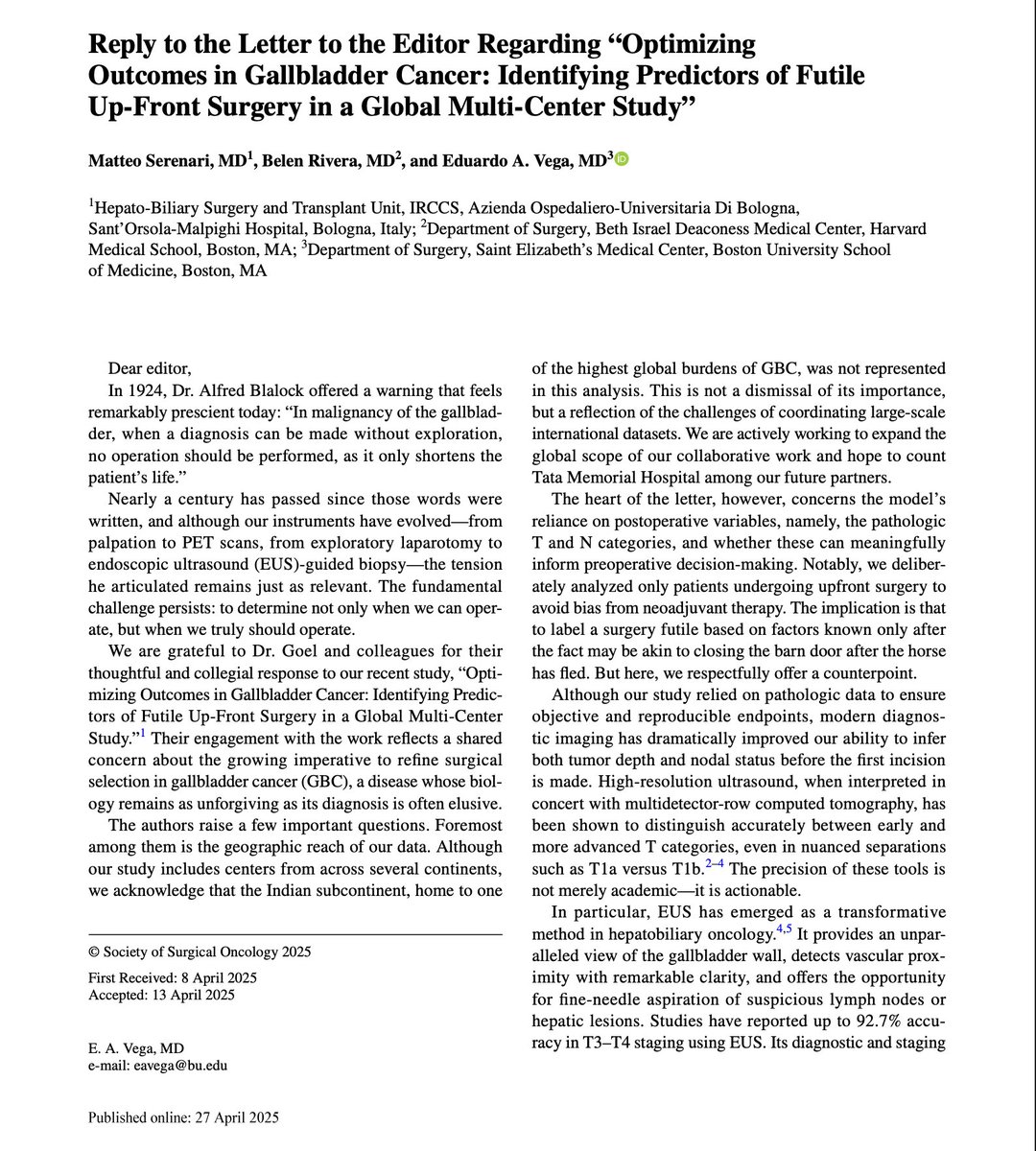 EAVegaMD's tweet image. Grateful for the thoughtful letter from @TataMemorial.  Our reply in @AnnSurgOncol stresses: refining surgical selection in gallbladder cancer is not optional — it’s an  obligation. Modern imaging (EUS, PET-CT) brings preoperative certainty closer than ever.@cureGBC @AHPBA…