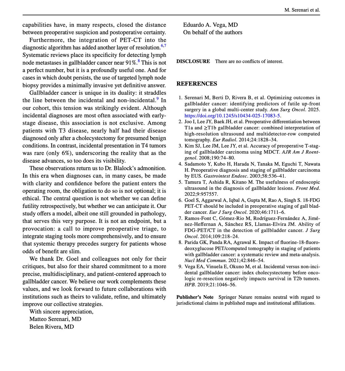 Eduardo A. Vega (@eavegamd) on Twitter photo Grateful for the thoughtful letter from <a href="/TataMemorial/">Tata Memorial Hospital</a>. Our reply in <a href="/AnnSurgOncol/">Annals of Surgical Oncology</a> stresses: refining surgical selection in gallbladder cancer is not optional — it’s an obligation. Modern imaging (EUS, PET-CT) brings preoperative certainty closer than ever.<a href="/cureGBC/">Gallbladder Cancer Foundation</a> <a href="/AHPBA/">AHPBA</a> Grateful for the thoughtful letter from <a href="/TataMemorial/">Tata Memorial Hospital</a>. Our reply in <a href="/AnnSurgOncol/">Annals of Surgical Oncology</a> stresses: refining surgical selection in gallbladder cancer is not optional — it’s an obligation. Modern imaging (EUS, PET-CT) brings preoperative certainty closer than ever.<a href="/cureGBC/">Gallbladder Cancer Foundation</a> <a href="/AHPBA/">AHPBA</a>