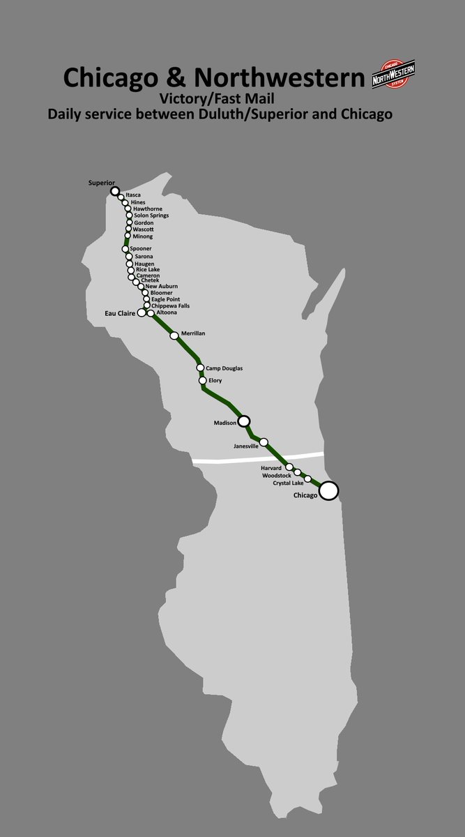 Chicago and Northwestern, Victory. A train that ran 1 round trip daily between Chicago and "Duluth" via Madison WI.