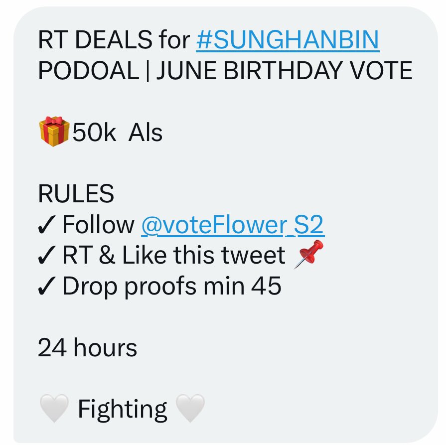 0ss's tweet photo. RT DEALS for #SUNGHANBIN 
PODOAL | JUNE BIRTHDAY VOTE

🎁 50k Als

RULES
✓ Follow @voteFlower_S2
✓ RT &amp; Like this tweet 📌
✓ Drop proofs min 45 

24 hours https://t.co/pOr28gSefU