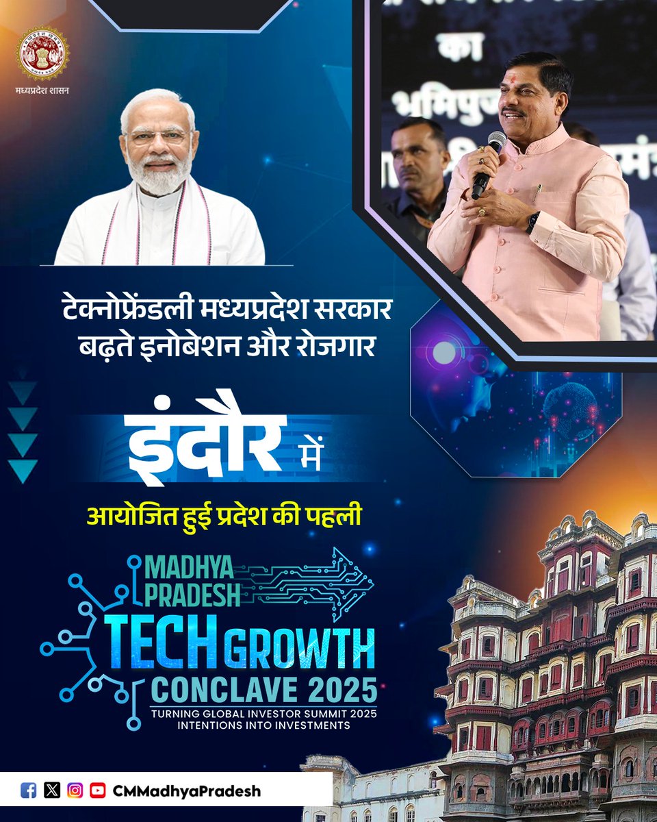 CMMadhyaPradesh's tweet image. मध्यप्रदेश टेक ग्रोथ कॉन्क्लेव 2025
का सफल आयोजन

💠 युवाओं को रोजगार उपलब्ध कराने के लिए संकल्पित मध्यप्रदेश सरकार

@DrMohanYadav51 @Industryminist1 @MpcstBhopal @mpMAPIT @MPIDC @MPSeDC_DST #CMMadhyaPradesh #MadhyaPradesh #MPTechGrowthConclave