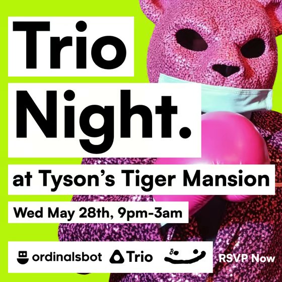 satoshibles's tweet photo. 🐅Trio Night at Tyson's Tiger Mansion 🐅 

Looking for the *HOTTEST* event happening during Bitcoin Vegas? Look for further than Trio Night!

On May 28th, the OrdinalsBot/Trio team have partnered with ​Bitcoin Puppets and ​Tiny Vikings to bring you a night you wont forget at Mike Tyson's Tiger Mansion. Featuring DJ sets and live performances!

No cost to join in the party of the century. Check out Discord for details 😎