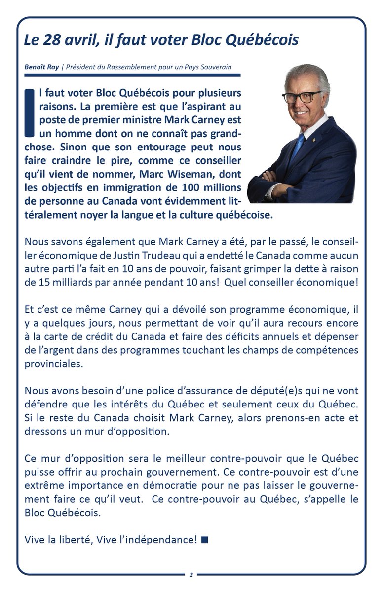 📰Éditorial de La Presse Québécoise d'avril 2025
Le 18 avril, il faut voter ⚜️#BlocQuébécois
#BenoitRoy, président du <a href="/RPSQuebec/">Rassemblement pour un Pays Souverain</a> 

🗞️Téléchargez ici: rps.quebec/a-la-une/la-pr…

#polQc #polCan #elexn45 #patriotes #indépendance #BlocQc #paysQc