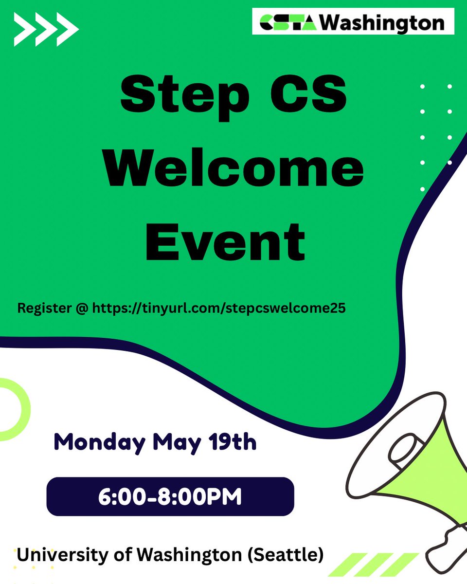 STEP CS Welcome Event

Monday, May 19, from 6 - 8 PM at the University of Washington (Seattle)!

To register: tinyurl.com/stepcswelcome25

CSTA Washington is hosting an evening of fun to welcome teachers in the 2024-25 cohort of the STEP CS Master’s program. This event is FREE.
