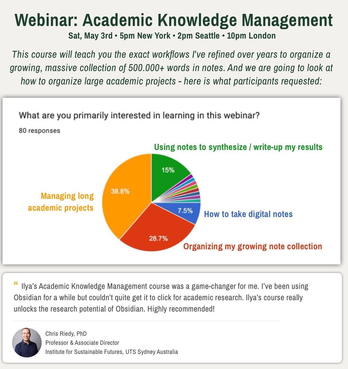 Before every webinar, I ask participants what they want.

Here's what some of you requested.

AKM 2.0 will be an advanced webinar on the most important skill in academia.

effortlessacademic.com/akm-2