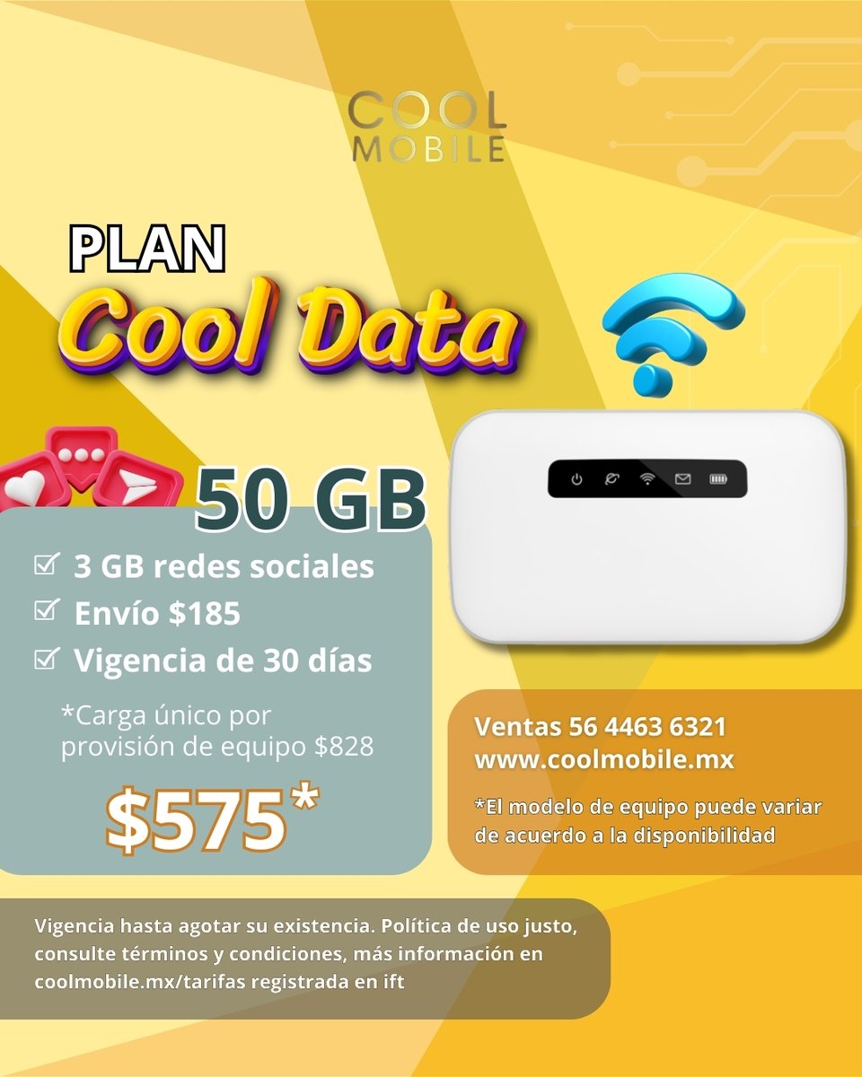 CoolMobile5's tweet photo. ¡No pares de navegar, vayas donde vayas!
Con el Plan Cool Datade Cool Mobile tienes:

📷 Pide el tuyo: 56 4463 6321
📷 https://t.co/iLSSZ7UvI7

*Consulta términos y condiciones en la página.
*El modelo del equipo puede variar según disponibilidad. https://t.co/ap04ihjyJS