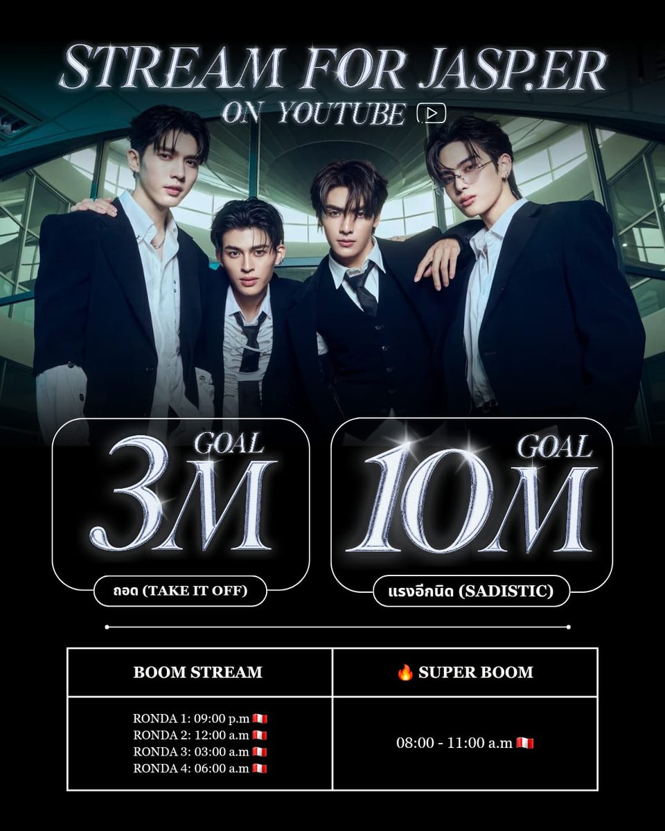 Hagamos BOOM Streaming en YOUTUBE para #JASPER 🔥
#TAKEITOFF_JASPER l #แรงอีกนิดJASPER

🎯 META 3M 🎖️
♦️ถอด (TAKEITOFF) 
🔗shorturl.asia/PxXhk

🎯 META 10M 🏆
❤️‍🔥 แรงอีกนิด (SADÍSTIC) 
🔗shorturl.asia/dwO8r

#JoongArchen #aou_tnbknr
#Santapp #ppnaravit
