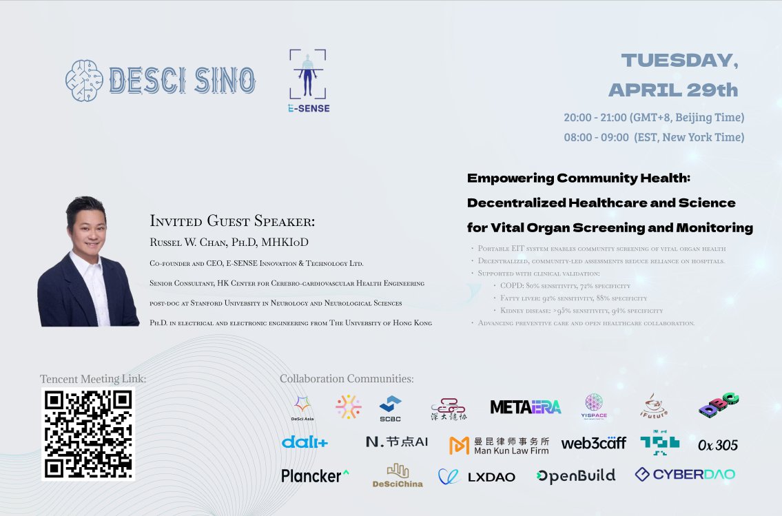 DeSci Sino Salon – Empowering Community Health: Decentralized Science for Vital Organ Monitoring

🔬 Event Highlights  
• How portable Electrical Impedance Tomography (EIT) systems are revolutionizing heart, lung, liver, and kidney function monitoring  
• The prospects of