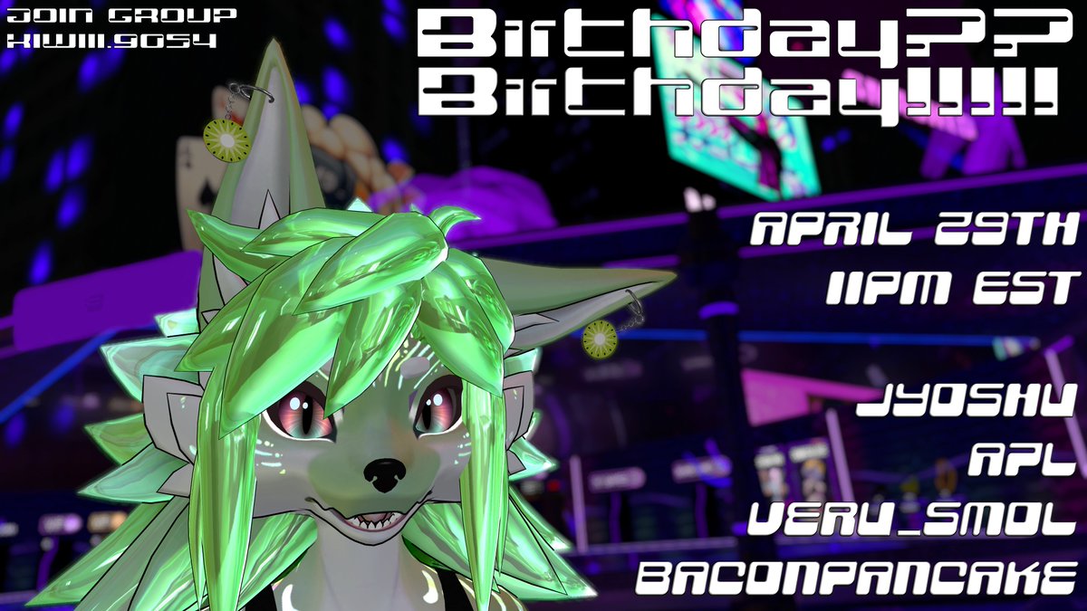 kiwiii (@kiwiiivr) on Twitter photo birthday? BIRTHDAY!!!!!
come celebrate my 20th birthday on April 29th with these wonderful, awesome DJs!
Lineup in EST
11:00 PM - <a href="/Jyoshuu_/">Jyoshu | #ThankYouToriyama</a>
11:45 PM - <a href="/aplvrc/">apl</a>
12:30 AM - <a href="/VeruSmol/">Veru_Smol</a>
1:15 AM - <a href="/BaconPancake62/">BaconPancake</a> π
poster by BaconPancake (thank you <3) birthday? BIRTHDAY!!!!!
come celebrate my 20th birthday on April 29th with these wonderful, awesome DJs!
Lineup in EST
11:00 PM - <a href="/Jyoshuu_/">Jyoshu | #ThankYouToriyama</a>
11:45 PM - <a href="/aplvrc/">apl</a>
12:30 AM - <a href="/VeruSmol/">Veru_Smol</a>
1:15 AM - <a href="/BaconPancake62/">BaconPancake</a> π
poster by BaconPancake (thank you <3)