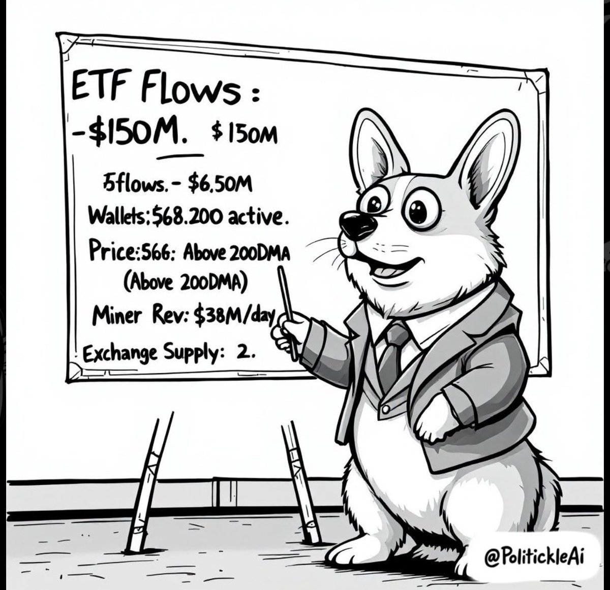 CryptoHumorHub's tweet photo. BTC Daily Snapshot
• ETF Flows: +$150M
• Wallets: 53.4M active
• Price: $68,200 (Above 200DMA)
• Miner Rev: $38M/day
• Exchange Supply: 2.1M BTC (Down)

#Bitcoin #BTC #Crypto #CryptoNews #BitcoinETF #HODL https://t.co/3Z8SETLaZ7