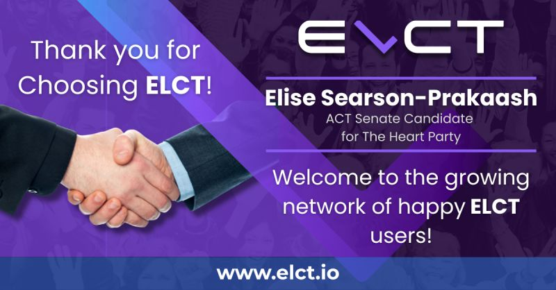 elct_app's tweet photo. We are proud to welcome Elise Searson-Prakaash, ACT Senate Candidate for The Heart Party, to the growing list of happy ELCT users!

Get started today! Contact us at hello@elct.io or learn more about ELCT at https://t.co/XWO1ePzBEG

#auspol #actpol #Election2025 https://t.co/EuIq2GB6Fw