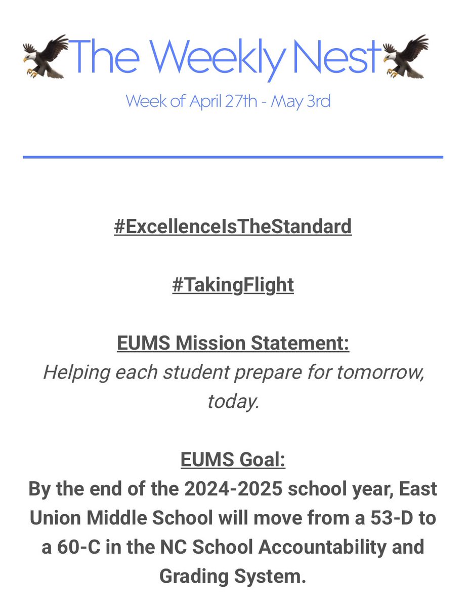 East Union Middle School (@eastunionmsnc) on Twitter photo Good Evening Eagle Nation,
The Weekly Nest is out! Please click on the link below for up-to-date information on all-things East Union! Go Eagles!
Link: bit.ly/TheWeeklyNest
@ucpsnc <a href="/AGHoulihan/">Andrew G. Houlihan</a> <a href="/BashawnHarris/">Bashawn Harris</a> Good Evening Eagle Nation,
The Weekly Nest is out! Please click on the link below for up-to-date information on all-things East Union! Go Eagles!
Link: bit.ly/TheWeeklyNest
@ucpsnc <a href="/AGHoulihan/">Andrew G. Houlihan</a> <a href="/BashawnHarris/">Bashawn Harris</a>