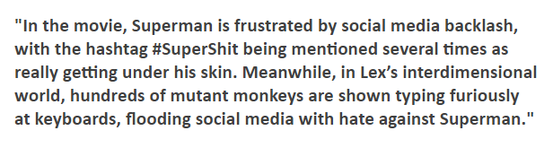 SnyderQueen_'s tweet photo. So apparently the chronically online director and CEO of DC Studios has dedicated a portion of his movie to showcase "mutant monkeys" that spam #SuperShit online to get under Superman's skin? Possibly a reference to negative online discourse against him

Yeah this movie's cooked https://t.co/GySkB4qv2W