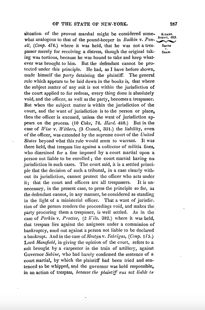 DavidHKinnaird's tweet photo. The officer's duty to judge the writ for lawfulness, however, is limited to defects in the issuing court's jurisdiction over the cause and any jurisdictional defects that appeared on the face of the writ. Smith v. Shaw, 12 Johns. 257, 267 (N.Y. 1815). https://t.co/4VEbfMS7MU