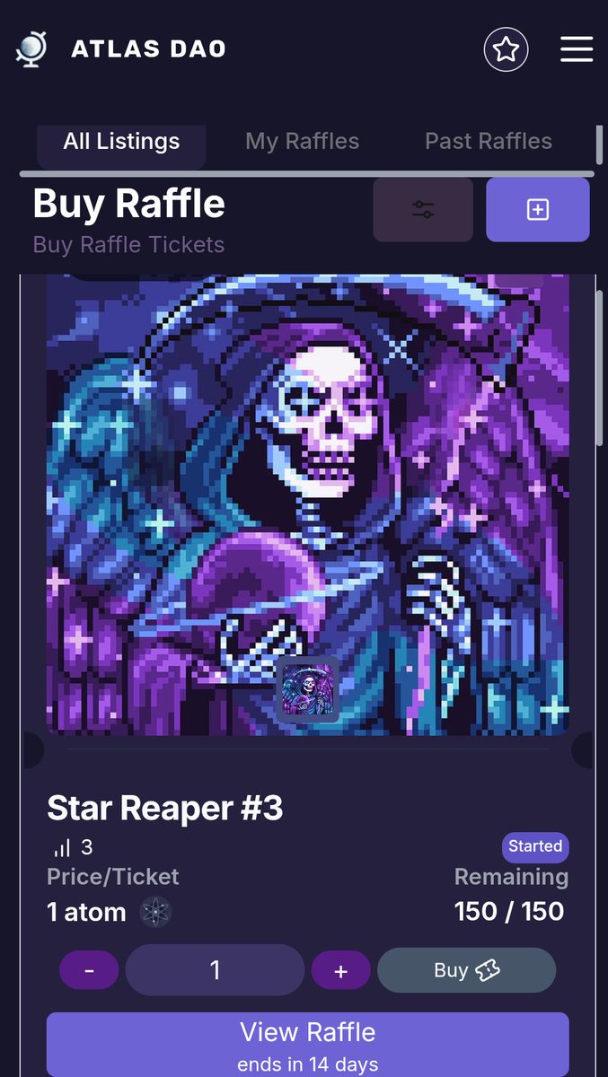 New Raffle on <a href="/atlasdao_/">Atlas DAO</a> 

1/1 Star Reaper <a href="/Underworld_NFTs/">Underworld - NFT Collections ⚛</a> 
1 $Atom per ticket 
Min 50 tickets 
Max 150 tickets 
 
app.atlasdao.zone/v2/raffle-list…