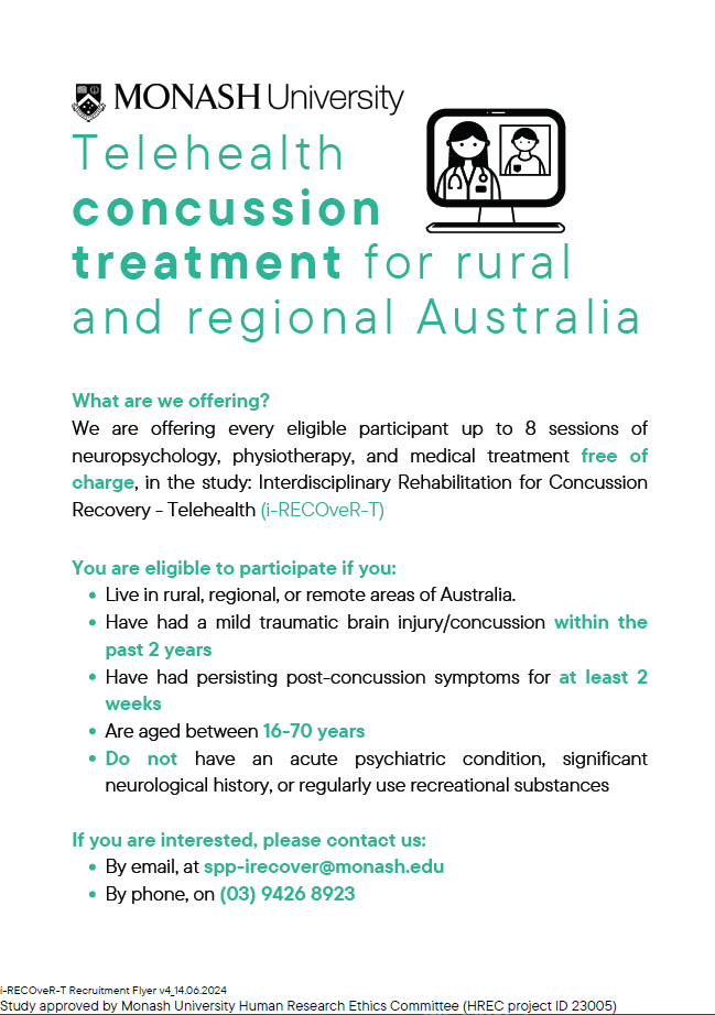 Dr Jack Nguyen (@jackvknguyen) on Twitter photo Live in rural, regional, or remote areas of Australia? We're recruiting individuals who've had a concussion with persisting symptoms (>2 weeks post-injury) for a pilot study of an 8-week interdisciplinary treatment delivered entirely online.
spp-irecover@monsah.edu; 9426 8923 Live in rural, regional, or remote areas of Australia? We're recruiting individuals who've had a concussion with persisting symptoms (>2 weeks post-injury) for a pilot study of an 8-week interdisciplinary treatment delivered entirely online.
spp-irecover@monsah.edu; 9426 8923