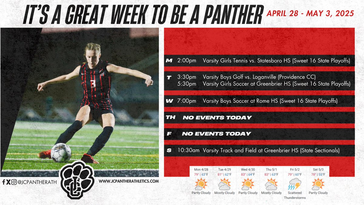 JCPantherAth's tweet photo. Big time games this week!  Keep it rolling, Panthers!  #PROUDtobeJC https://t.co/CkK4ud3liE