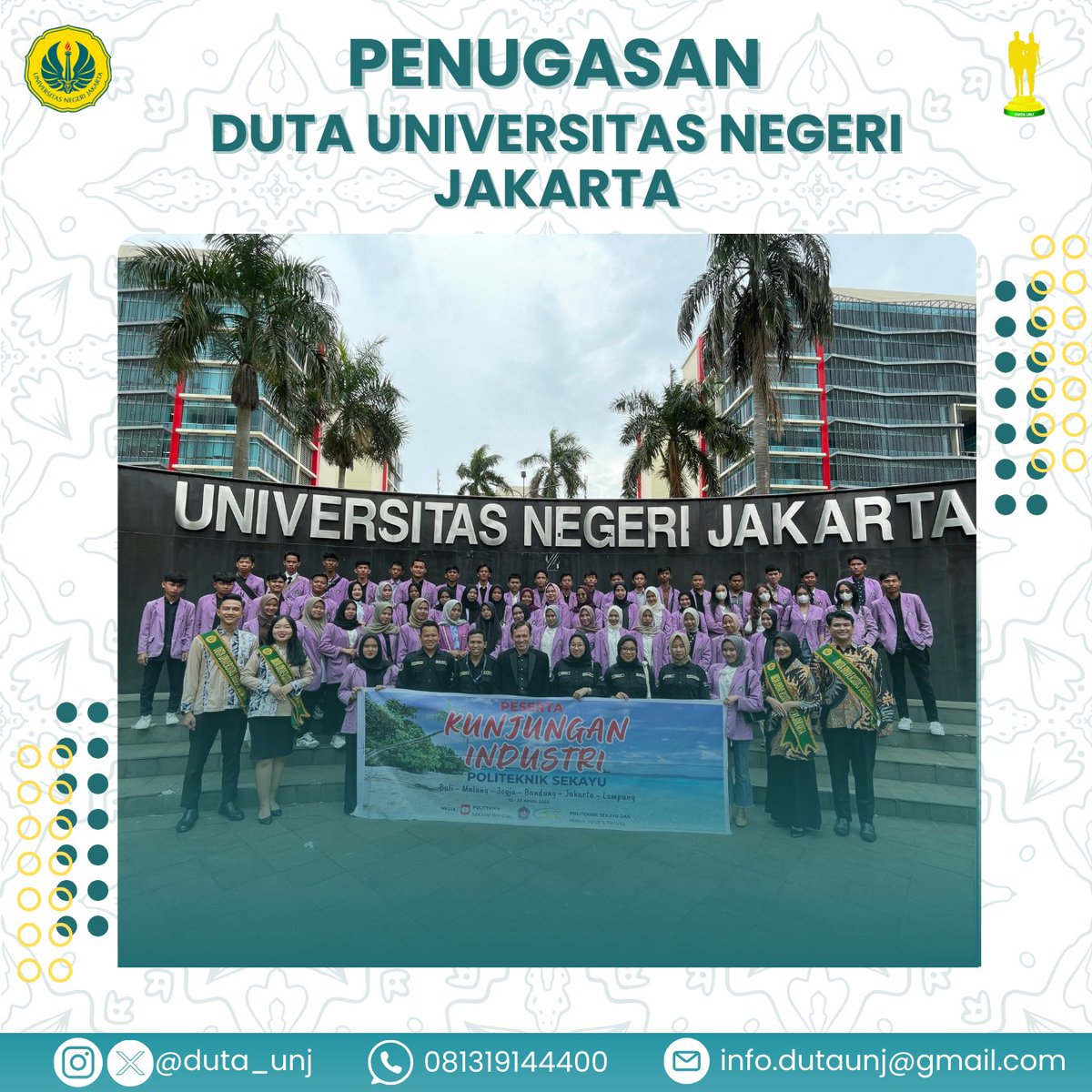 Duta_UNJ's tweet photo. [Penugasan Duta UNJ] 

Duta UNJ bertugas sebagai Pewara dan Naradamping dalam kegiatan Kunjungan Industri Politeknik Sekayu ke Universitas Negeri Jakarta.

Kegiatan ini menjadi ajang silaturahmi akademik yang memperkuat jejaring antar lembaga pendidikan.

#Duta_UNJ
#UNJ https://t.co/qWXdXIYsZT