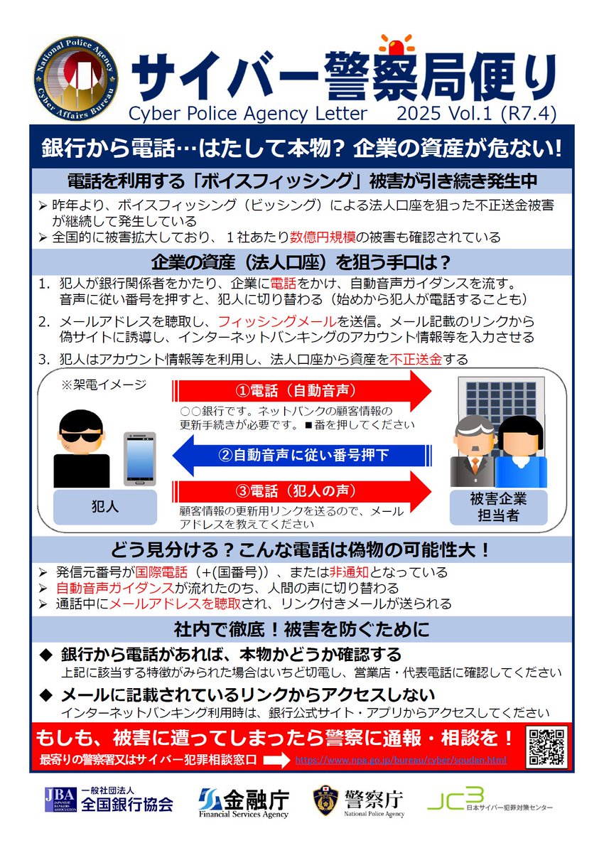 警察庁から ＃ボイスフィッシング による ＃不正送金 に関して注意喚起されています！！

⚠️被害は全国に拡大しています。
⚠️特に法人口座が狙われ、被害にあっています。
⚠️自動音声ガイダンスをきっかけとしてインターネットバンキングの手続きを促すことはありません。

＃大分銀行
