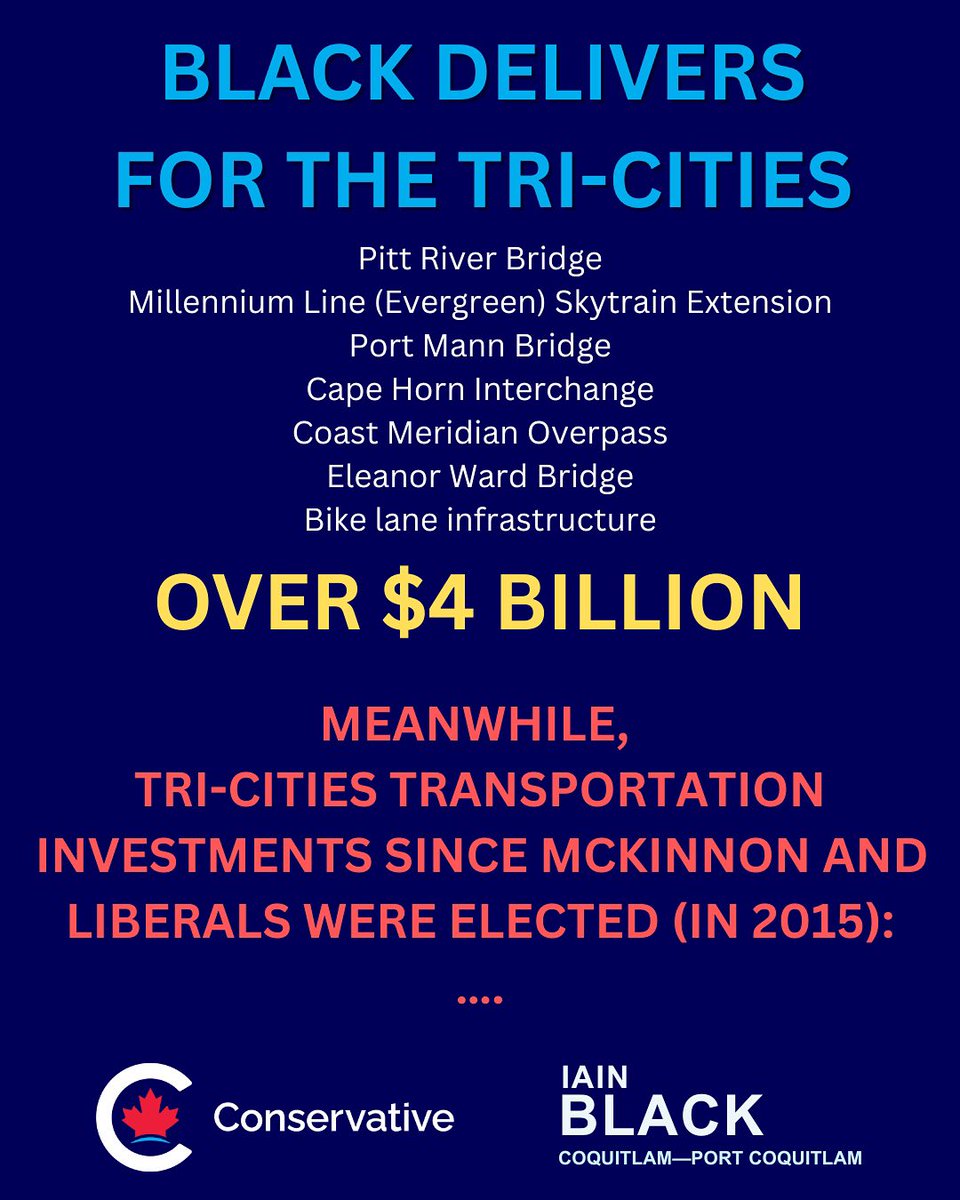 Iain Black delivered for the Tri-Cities before—and if elected, he’ll do it again. Ron McKinnon has had 10 years, and failed to deliver.

#cdnpoli #CoquitlamBC #PortCoquitlamBC