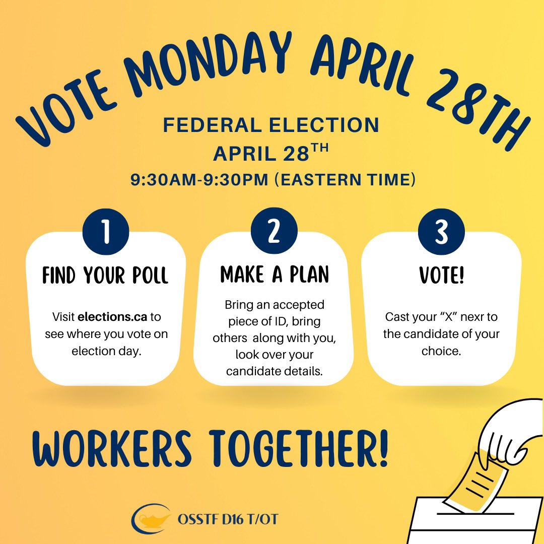 osstfd16t_ot's tweet photo. Federal Election Day is on Monday, April 28th from 9:30am - 9:30pm (ET)!

If you have not yet voted, be sure to make it to the polls to cast your ballot with an informed vote.

Visit https://t.co/6wawaAS36o for up to date voting details. https://t.co/4i0NJOpf5r