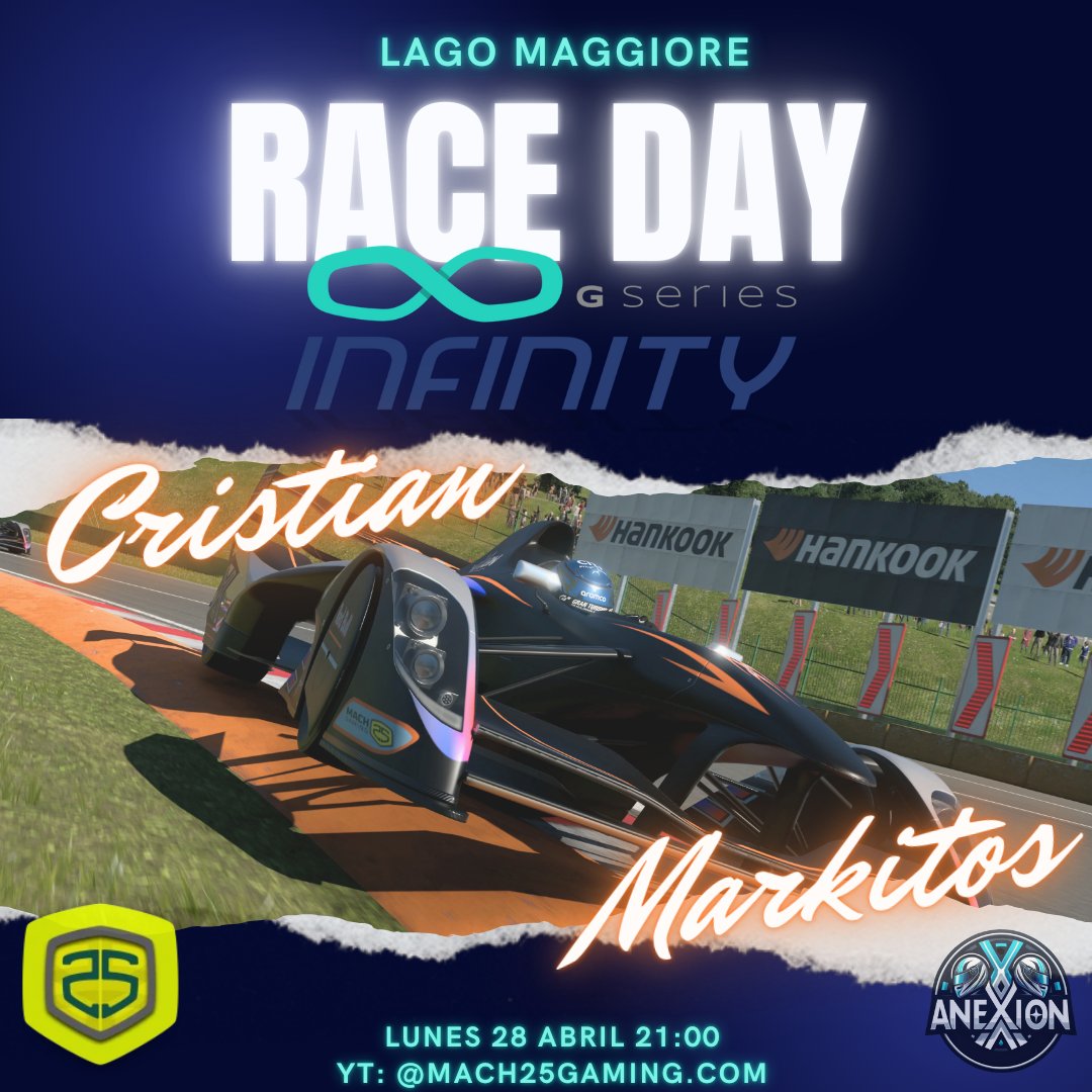 Anexion Racing Team (@anexionracing) on Twitter photo ❌️RACE DAY❌️
<a href="/InfinityGSeries/">Infinity GSeries</a> R4
Llegamos al ecuador de la fase regular con el objetivo de remontar puestos en la general
En la pista tendremos hoy a <a href="/Cristia89288429/">PAD_Cristian</a> y <a href="/PAD_Markitoss/">PAD_Markitoss</a>
A partir de las 21:00 en el canal de YT de <a href="/Mach25Gaming/">Mach25 Gaming</a>
Suerte compañeros! Go go go! ❌️RACE DAY❌️
<a href="/InfinityGSeries/">Infinity GSeries</a> R4
Llegamos al ecuador de la fase regular con el objetivo de remontar puestos en la general
En la pista tendremos hoy a <a href="/Cristia89288429/">PAD_Cristian</a> y <a href="/PAD_Markitoss/">PAD_Markitoss</a>
A partir de las 21:00 en el canal de YT de <a href="/Mach25Gaming/">Mach25 Gaming</a>
Suerte compañeros! Go go go!