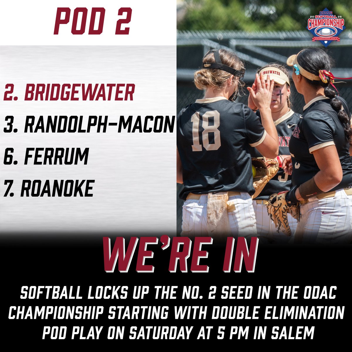 Bridgewater Eagles (@bcathletics) on Twitter photo The Pack is going π§π₯π’π£ππ¬ ππ¨π‘π§ππ‘π next weekend as the top seed in Pod 2
<a href="/Bh2osoftball/">Bridgewater Softball</a> earned the No. 2 seed in the ODAC Softball Championships starting with double elimination pod play in Salem on Saturday
#BleedCrimson #GoForGold
π tinyurl.com/2aez9w39 The Pack is going π§π₯π’π£ππ¬ ππ¨π‘π§ππ‘π next weekend as the top seed in Pod 2
<a href="/Bh2osoftball/">Bridgewater Softball</a> earned the No. 2 seed in the ODAC Softball Championships starting with double elimination pod play in Salem on Saturday
#BleedCrimson #GoForGold
π tinyurl.com/2aez9w39
