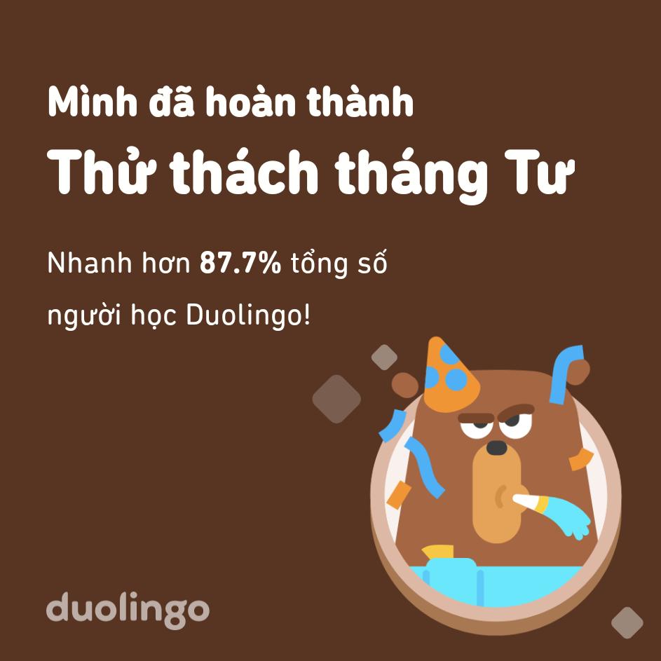 vanba66's tweet photo. Mình đã hoàn thành Thử thách tháng Tư nhanh hơn 87.7% người học trên Duolingo! https://t.co/2rC0cbiy9d