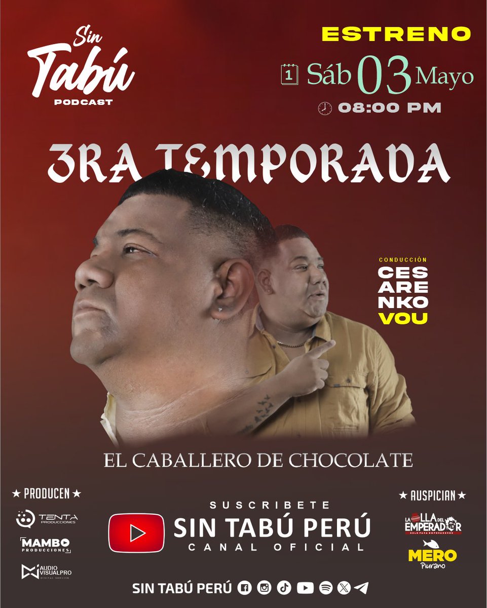 Sin Tabú Perú (@sintabupe) on Twitter photo 𝐄𝐒𝐓𝐑𝐄𝐍𝐎
SÁBADO 03 MAYO / 08:00 PM
Canal Oficial 📷 SIN TABÚ PERÚ
<a href="/JElegancia24/">Jorge Elegancia</a> <a href="/DonPerversoOf/">Don Perverso</a> <a href="/Cesarenko/">Cesarenko Vou</a> 𝐄𝐒𝐓𝐑𝐄𝐍𝐎
SÁBADO 03 MAYO / 08:00 PM
Canal Oficial 📷 SIN TABÚ PERÚ
<a href="/JElegancia24/">Jorge Elegancia</a> <a href="/DonPerversoOf/">Don Perverso</a> <a href="/Cesarenko/">Cesarenko Vou</a>