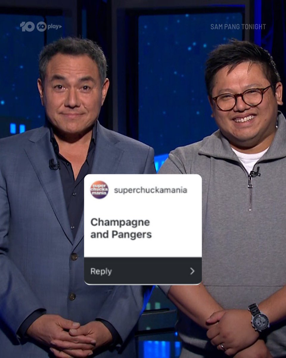 sampangtonight's tweet image. Thanks for playing “caption this” with 🎙️Sam Pang and 🎓 Sam Pang.

See you tonight after MasterChef!

#SamPangTonight | 9.10 Tonight on @channel10au and 10 Play