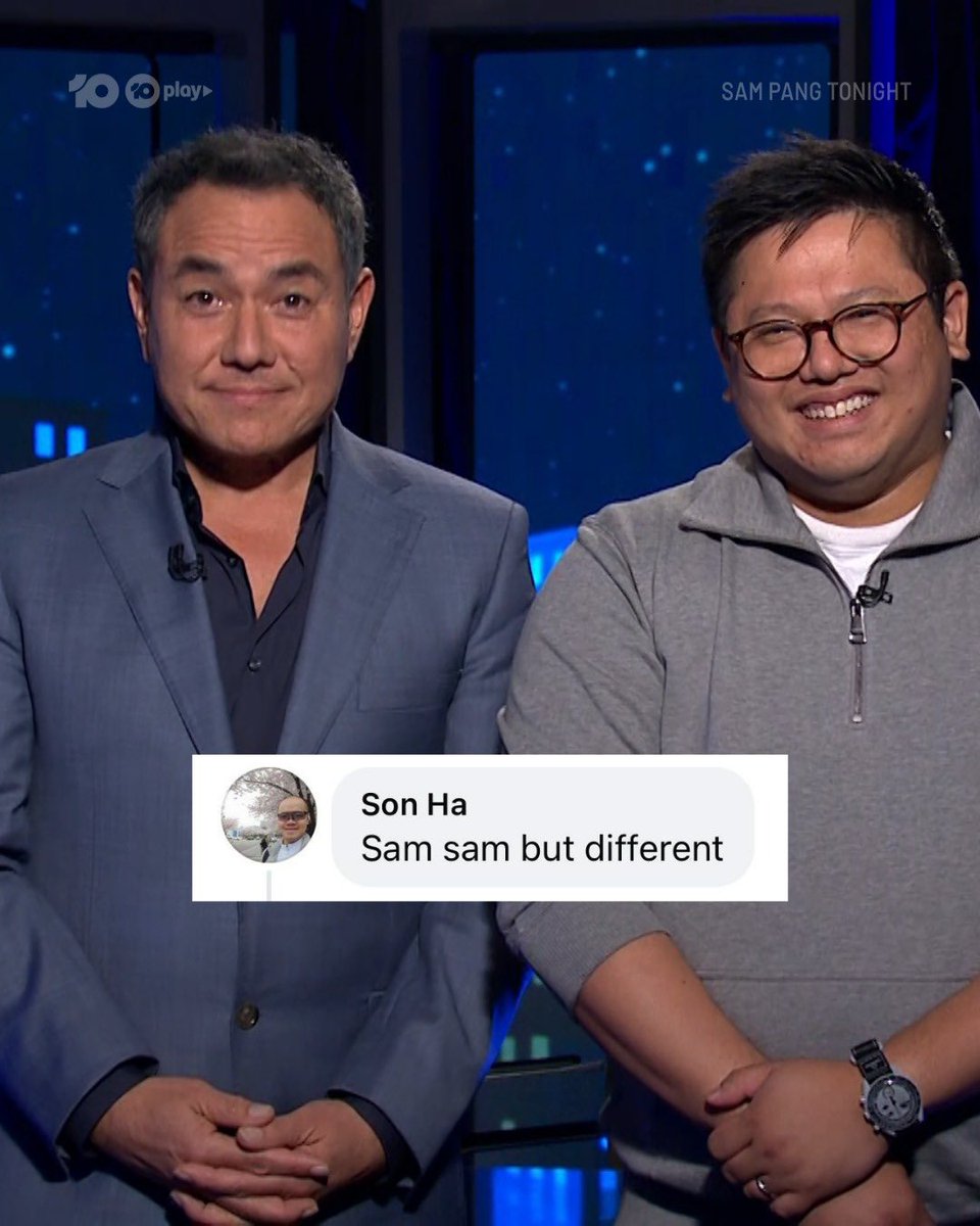 sampangtonight's tweet image. Thanks for playing “caption this” with 🎙️Sam Pang and 🎓 Sam Pang.

See you tonight after MasterChef!

#SamPangTonight | 9.10 Tonight on @channel10au and 10 Play