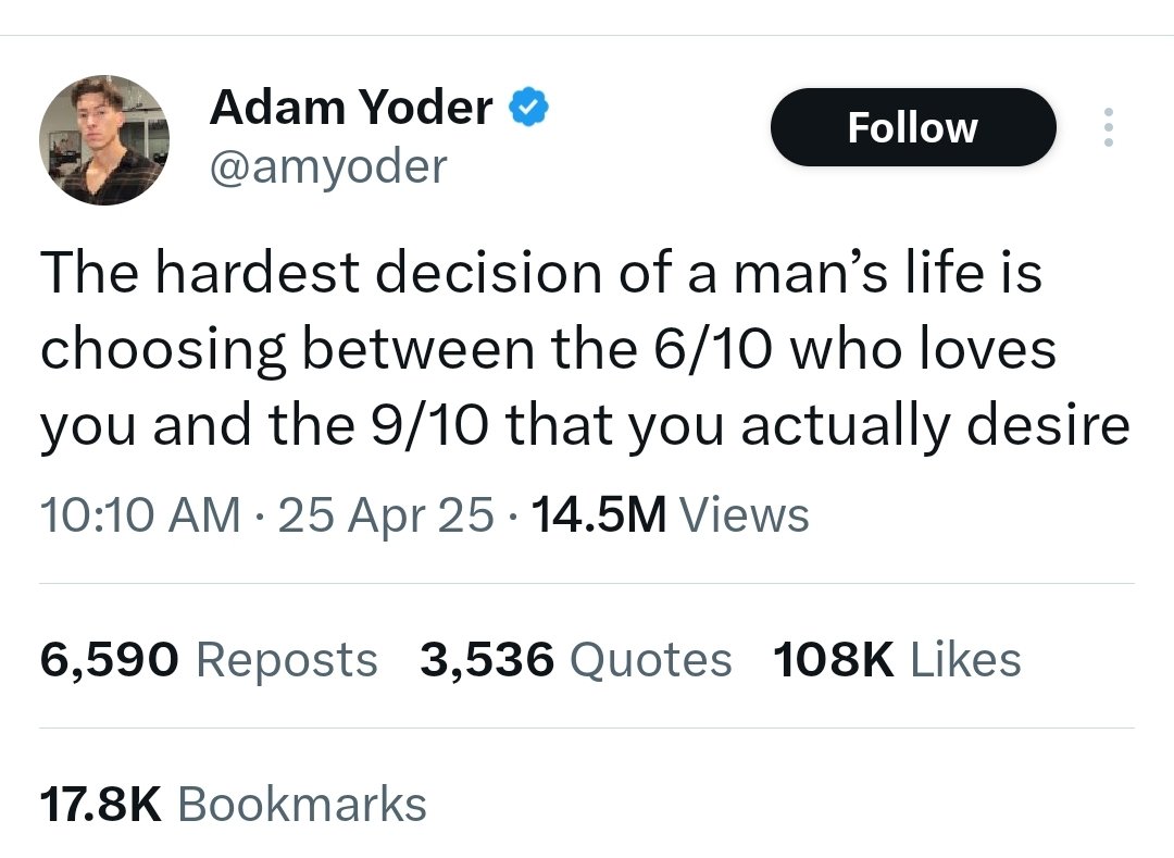 And that 9/10 is thinking her hardest decision is between the 4/10 who can afford the lifestyle she wants or the 9/10 who can't and/or who would cheat on her or "trade her in" once she gets older.

Darn! Decisions. Decisions.

Choose wisely and may the odds be ever in your favor.