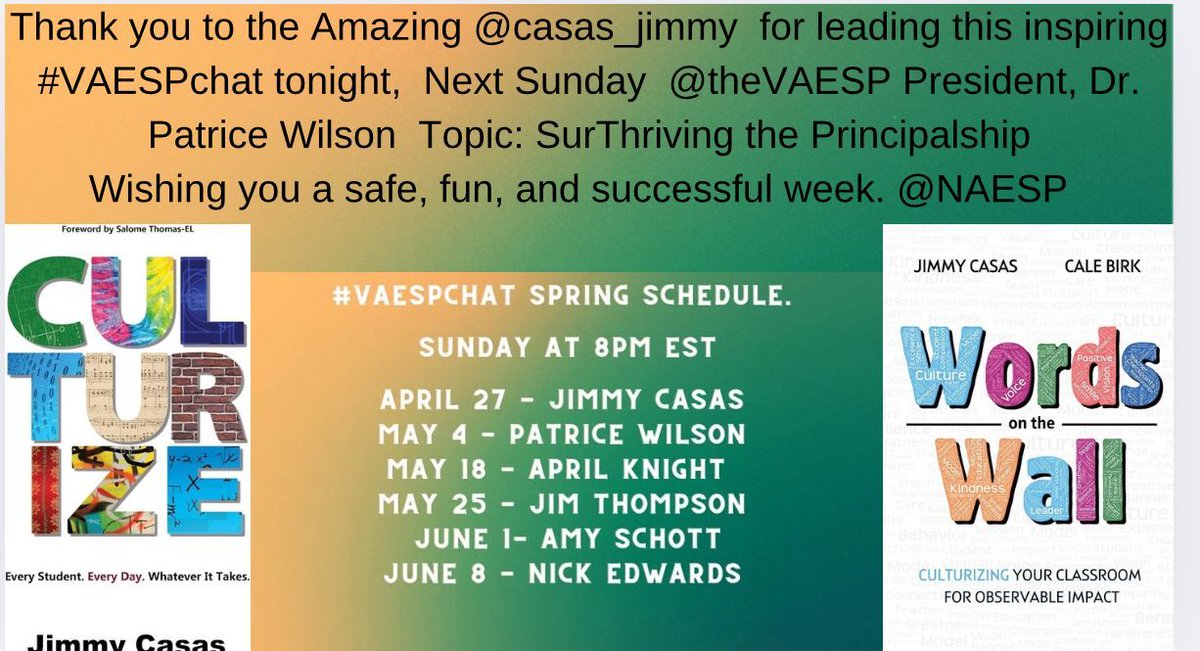 Dr. Andrew Buchheit (@andrewbuchheit) on Twitter photo Thank you to the Amazing <a href="/casas_jimmy/">Jimmy Casas</a> for leading this inspiring #VAESPchat tonight, Next Sunday <a href="/theVAESP/">VAESP</a> President, Dr. Patrice Wilson <a href="/CcpWilson/">Dr. Patrice C Wilson</a> Topic: SurThriving the Principalship! Wishing you a safe, fun, and successful week. <a href="/NAESP/">National Assoc. of Elementary School Principals</a> Thank you to the Amazing <a href="/casas_jimmy/">Jimmy Casas</a> for leading this inspiring #VAESPchat tonight, Next Sunday <a href="/theVAESP/">VAESP</a> President, Dr. Patrice Wilson <a href="/CcpWilson/">Dr. Patrice C Wilson</a> Topic: SurThriving the Principalship! Wishing you a safe, fun, and successful week. <a href="/NAESP/">National Assoc. of Elementary School Principals</a>