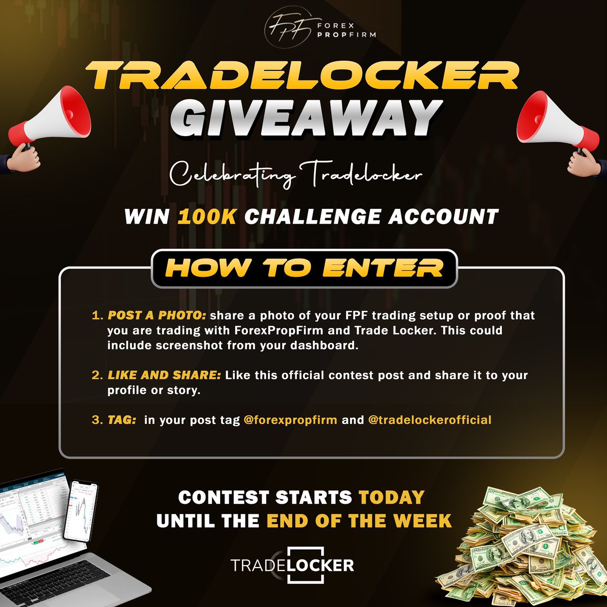 ForexPropFirmDotCom (@fpfdotcom) on Twitter photo 🚨 FPF’S ULTIMATE 100k CHALLENGE GIVEAWAY – WIN BIG! 🚨
💥 Traders & Creators💥
🎯 HOW TO ENTER:
✅ Share a photo of your <a href="/forexpropfirm/">Forexpropfirm</a> trading setup or proof that you are trading with <a href="/forexpropfirm/">Forexpropfirm</a> and @tradelockerofficial
This could include screenshot from your dashboard. 🚨 FPF’S ULTIMATE 100k CHALLENGE GIVEAWAY – WIN BIG! 🚨
💥 Traders & Creators💥
🎯 HOW TO ENTER:
✅ Share a photo of your <a href="/forexpropfirm/">Forexpropfirm</a> trading setup or proof that you are trading with <a href="/forexpropfirm/">Forexpropfirm</a> and @tradelockerofficial
This could include screenshot from your dashboard.