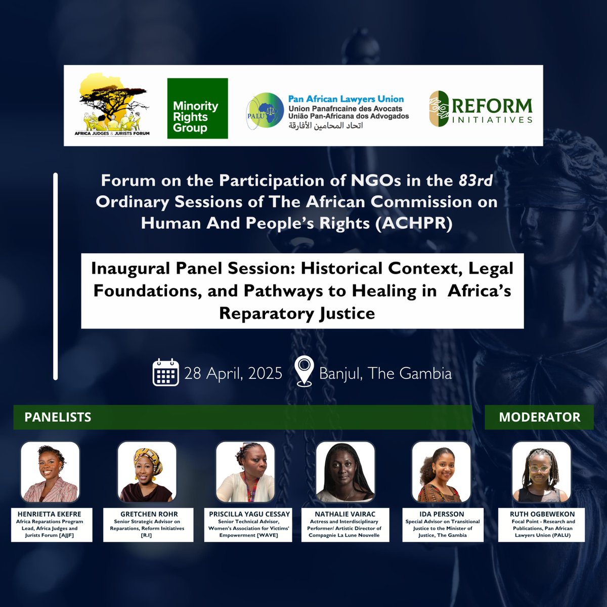 PALU (@lawyersofafrica) on Twitter photo ๐จ Happening today at 10 AM (Banjul time)!
As part of the lead-up to the 83rd Ordinary Session of the <a href="/achpr_cadhp/">African Commission on Human and Peoples' Rights</a> , PALU, <a href="/AfricanJurists/">Africa Judges & Jurists Forum</a> , <a href="/MinorityRights/">Minority Rights Group</a> & <a href="/reforminitiate/">Reform Initiatives</a> host a panel on NGO participation, reflecting on reparations and justice for Africans.
#HumanRights ๐จ Happening today at 10 AM (Banjul time)!
As part of the lead-up to the 83rd Ordinary Session of the <a href="/achpr_cadhp/">African Commission on Human and Peoples' Rights</a> , PALU, <a href="/AfricanJurists/">Africa Judges & Jurists Forum</a> , <a href="/MinorityRights/">Minority Rights Group</a> & <a href="/reforminitiate/">Reform Initiatives</a> host a panel on NGO participation, reflecting on reparations and justice for Africans.
#HumanRights