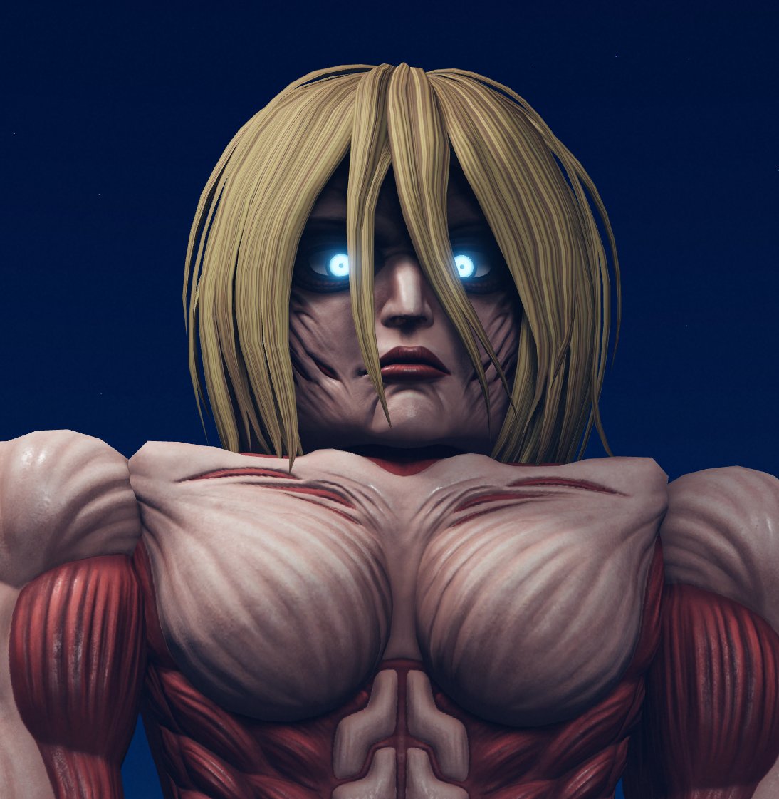 I'm really starting to want to make that game, prepared Annie's Female Titan for it 
(with a glowing eye mode just like Eren's, the face is rigged so the eyes can be open wide for it to be scarier 🫡)