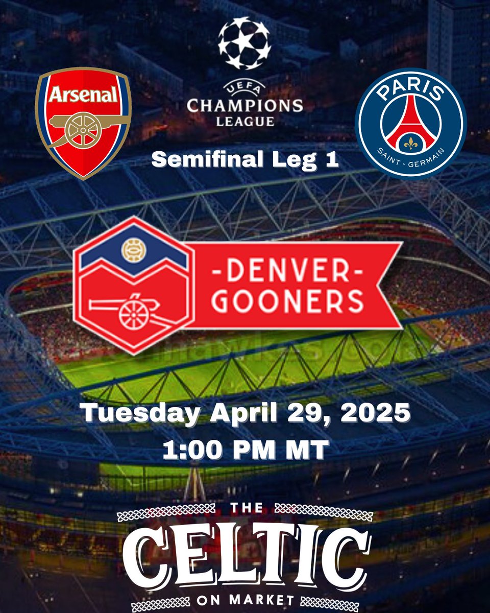 The journey continues.

Arsenal vs. PSG.

Champions League Semifinals – Leg 1.

Under the lights at the Emirates.

This is what it's all about.

Tuesday, April 29 | Kickoff: 1:00 PM MT

North London forever.

#COYG #AFC #ChampionsLeague #Arsenal #DenverGooners #MileHighbury