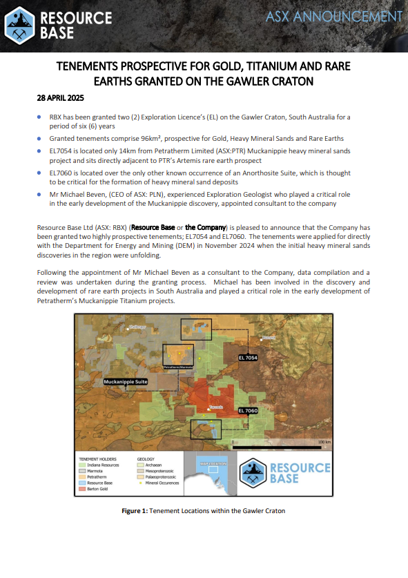 ResourceBaseLtd's tweet photo. #RBX has been granted two highly prospective tenements; EL7054 &amp; EL7060.  The tenements were applied for directly with the DEM in November 2024 when the initial heavy mineral sands discoveries in the region were unfolding.

Full #ASX Release 👉https://t.co/zW7mr1Ek8r https://t.co/X301vYIMLN