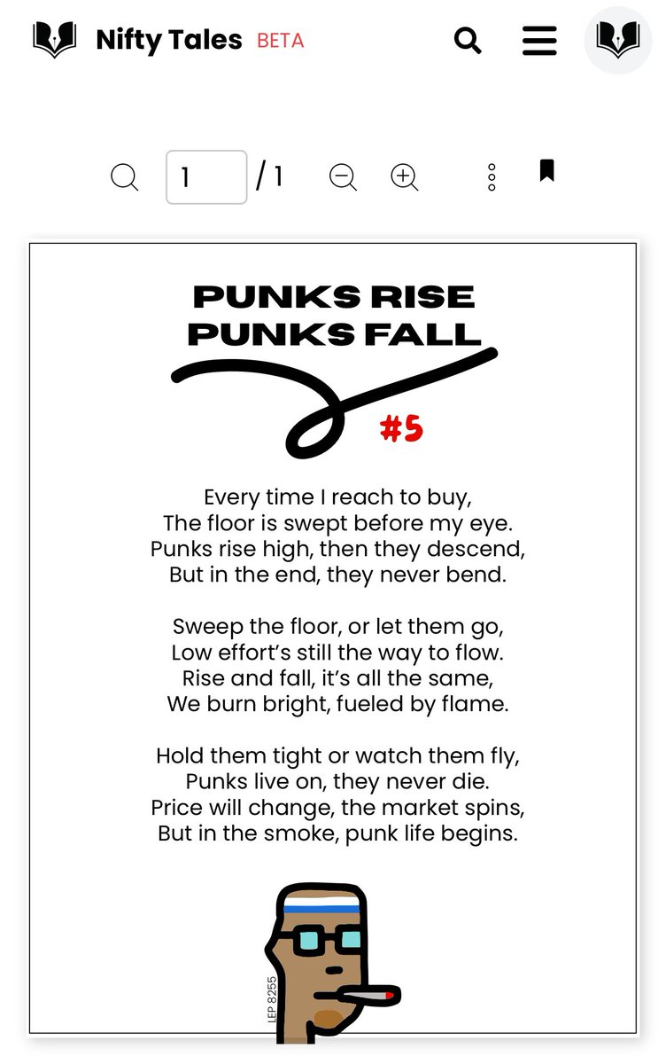 Collect “Punks Rise Punks Fall” on <a href="/niftytales/">Nifty Tales ✨📚</a> for free. Edition of 69 and 3 per wallet. 

niftytales.xyz/books/67059fd6…

————

Every time I reach to buy,

The floor is swept before my eye.

Punks rise high, then they descend,

But in the end, they never bend.

Sweep the floor, or let