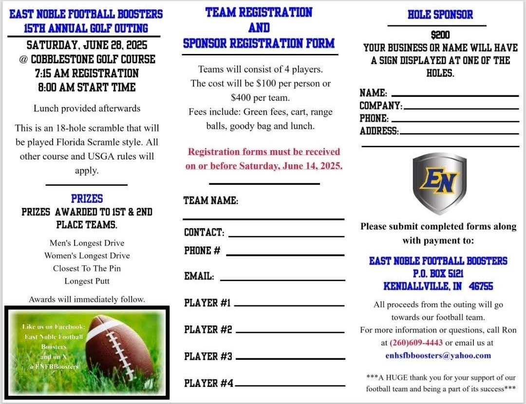 LETS GO GOLFING! 
LETS SUPPORT THE EAST NOBLE FOOTBALL PROGRAM!