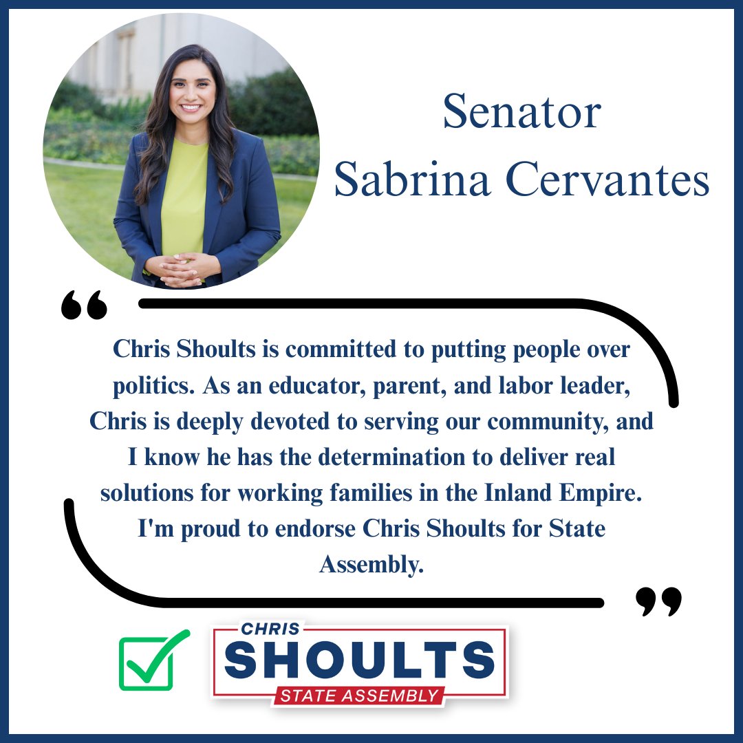 Shoults4AD63's tweet photo. Senator Sabrina Cervantes is a proven champion for the Inland Empire. As such, I am honored by her faith in my ability to serve--and to fight for--the people of Assembly District 63. 

#shoults4assembly #specialelection2025 #inlandempire https://t.co/DevDNVIjVE