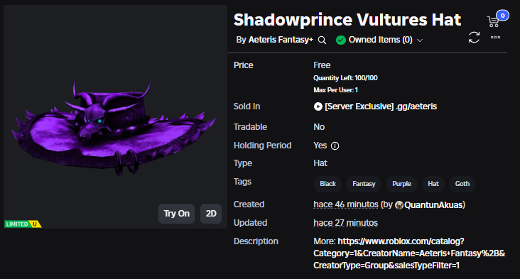 SECOND GIVEAWAY FOR THE VULTURES HAT!
(Ending in 5 days, 5 Winners!)
Requirements:
- Like this post!
- follow me <a href="/gotadeakua/">SagitaMG</a>

Send proof in replies

#FreeUgc #ROBLOX #giveaways #RobloxFreeUGC #freeugclimited #RobloxUGCLimited #ugccommunity #GIVEAWAY