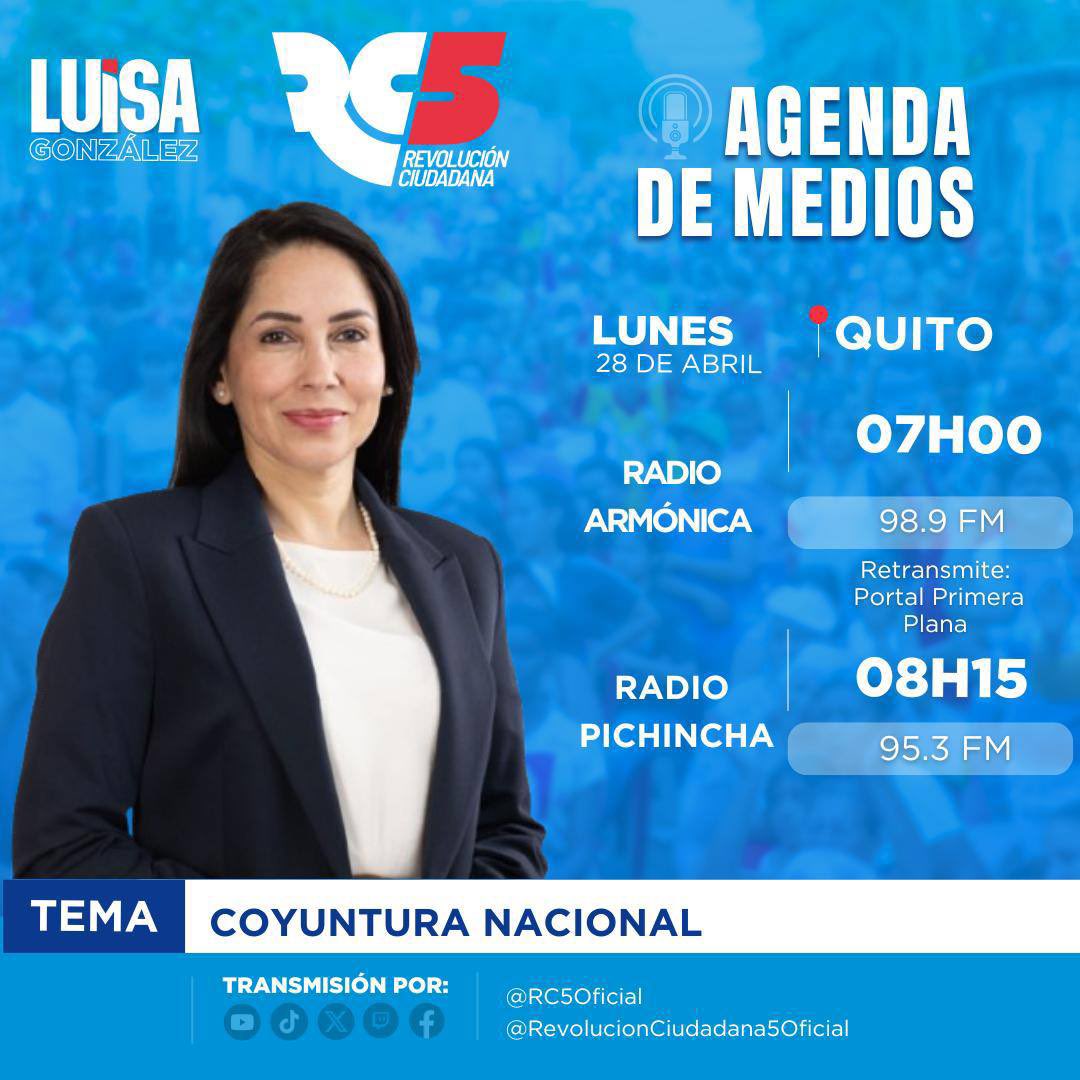 📌#LuisaEnMedios | Este lunes, acompañemos a <a href="/LuisaGonzalezEc/">Luisa González</a> en su recorrido por medios desde Quito en los que hablará sobre el #Megafraude, entre otros temas de interés nacional.

🗓️ 28 / Abril
⏰ 07h00 / 08h15
📻 Radio Armónica / Radio Pichincha