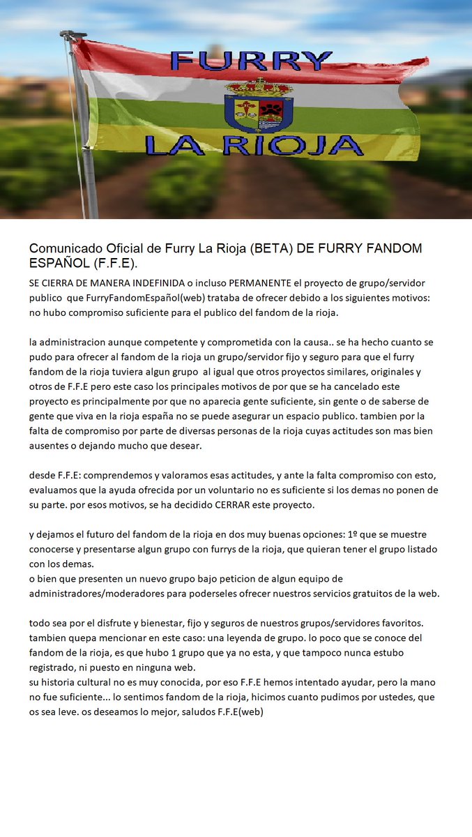 COMUNICADO OFICIAL DE F.F.E(Web) en nombre del grupo/servidor de Furry La Rioja (BETA)