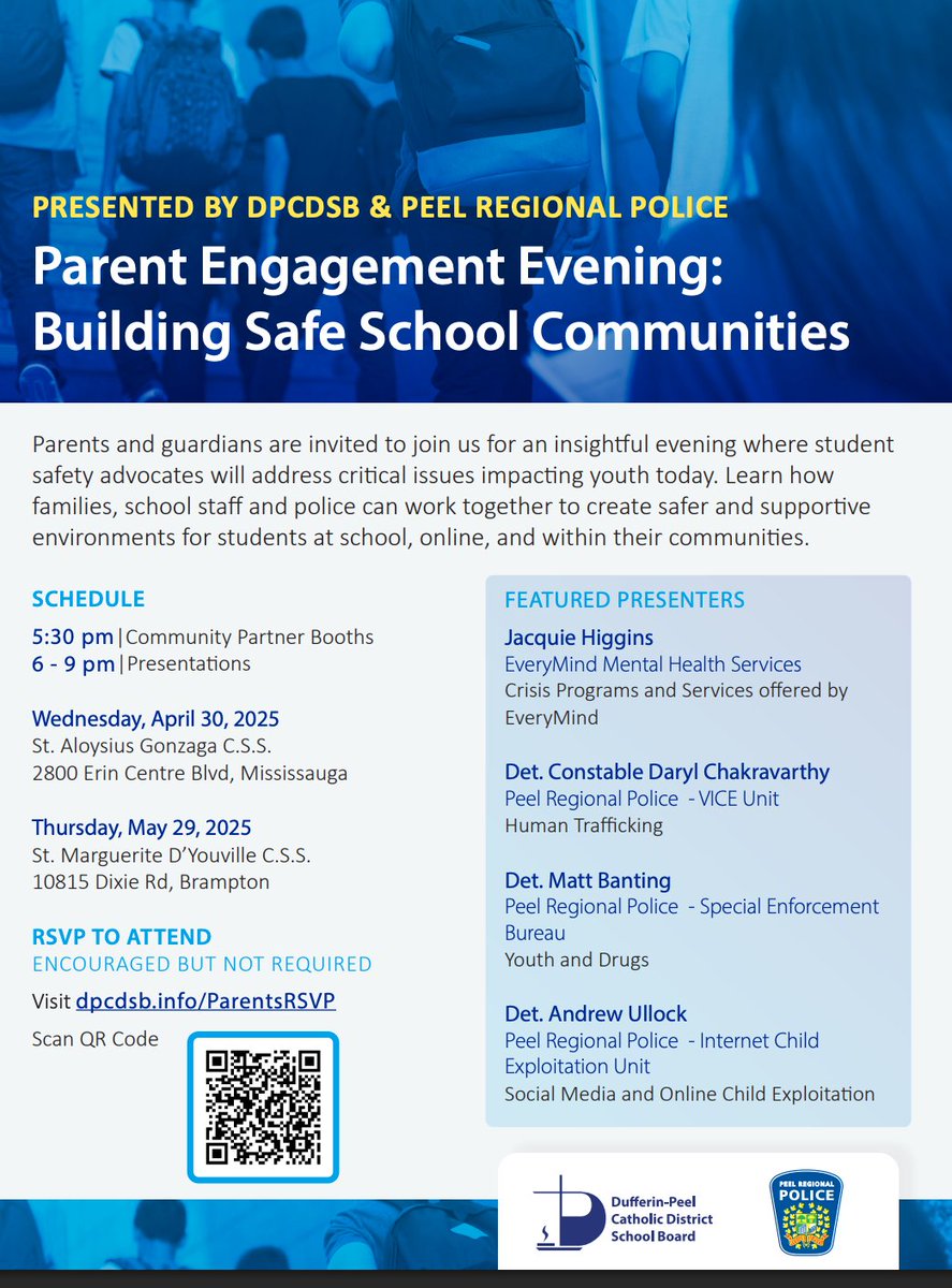 DPCDSB and Peel Region Police are hosting community engagement nights in order to promote student safety and address issues impacting kids today. Please consider attending.