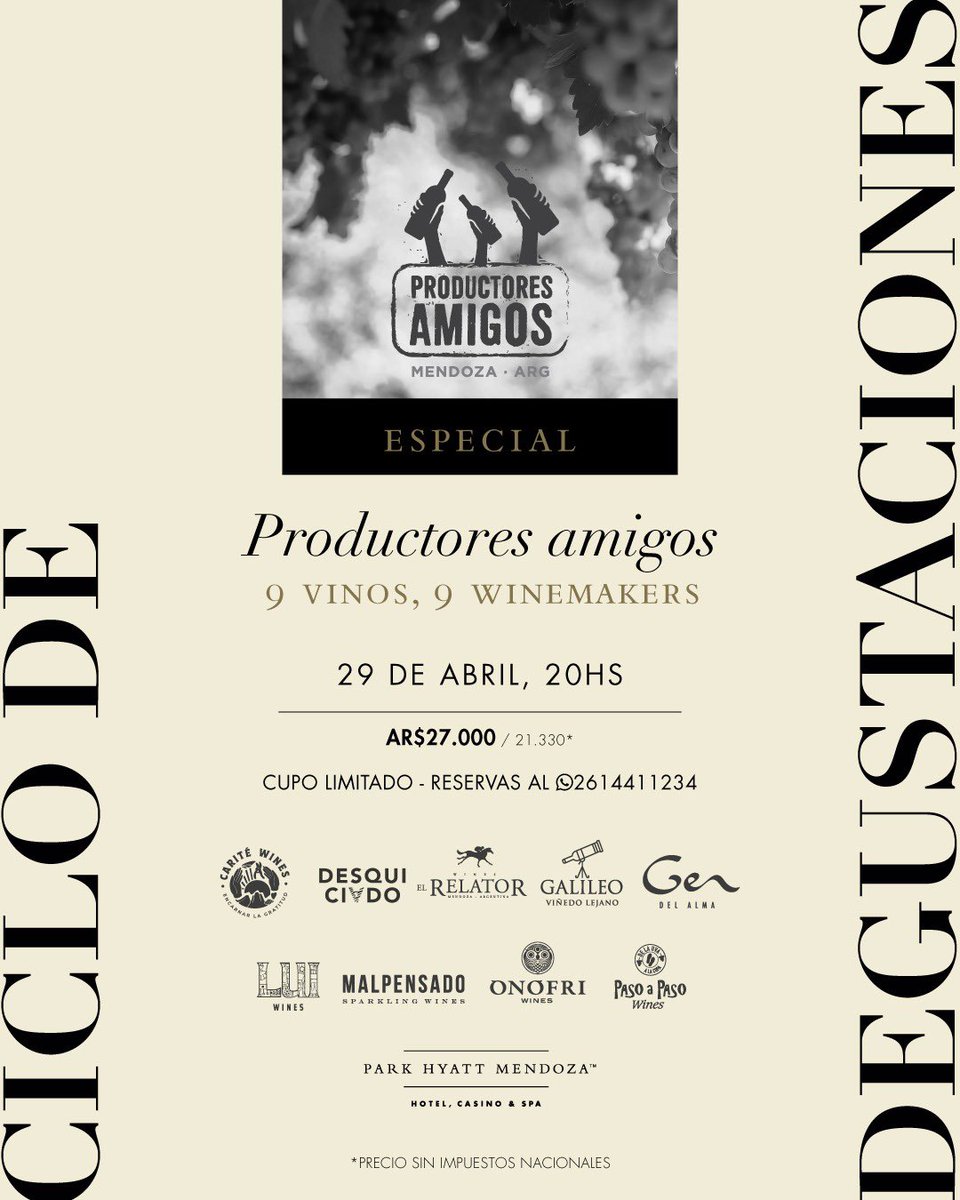 El martes hacemos una gran degus de “Productores Amigos” en Park Hyatt Mendoza. 

🍇 9 vinos de pequeños productores 
🍇 9 Winemakers 
🥘 Gastronomía de Hyatt 

No se la pierdan..!!